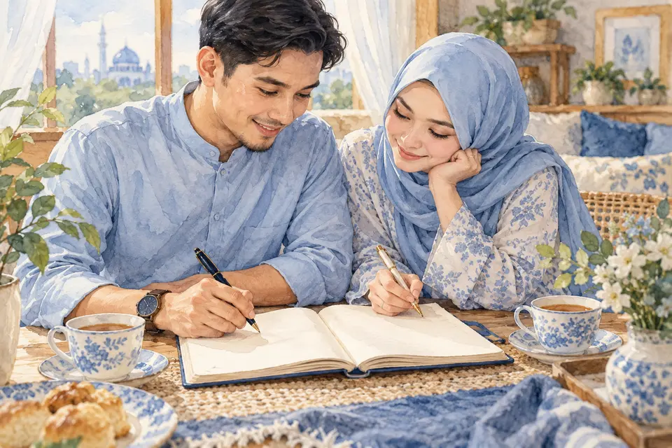 Pasangan mencatat persetujuan bersama dalam buku nota.