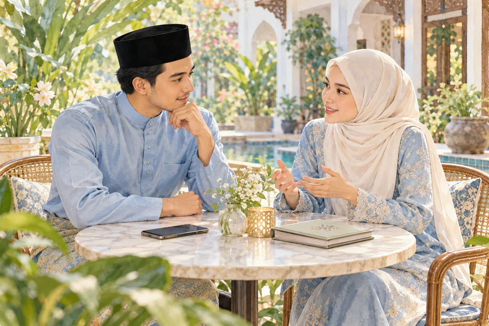 Pasangan berbincang di meja kafe dengan telefon dan album tertutup.