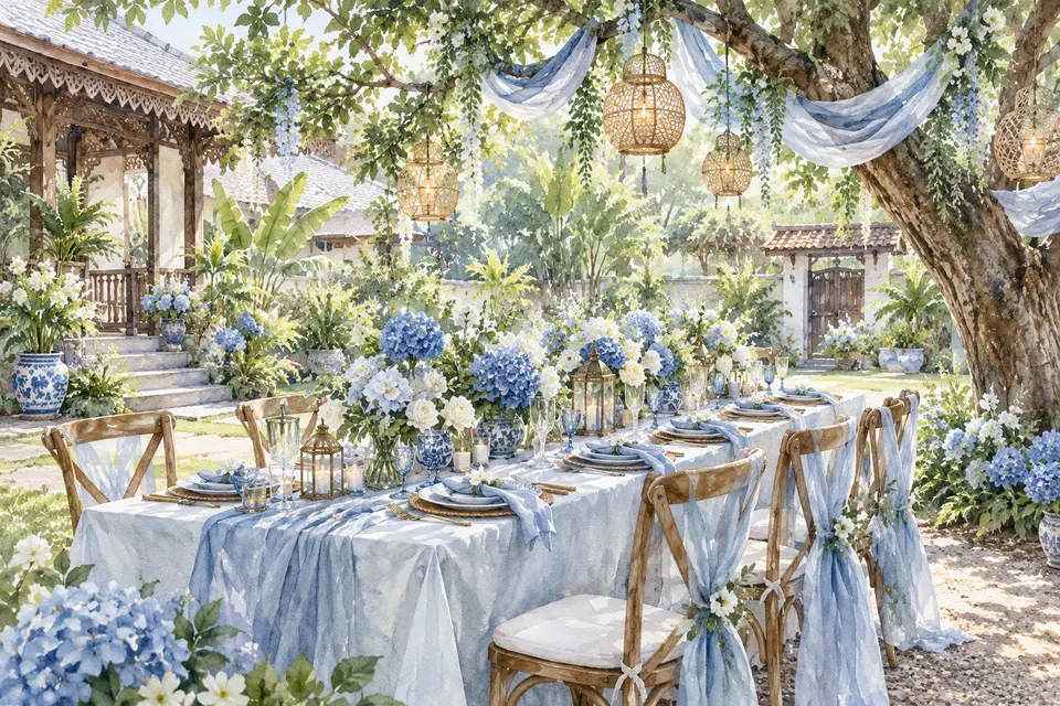 Majlis kecil di taman dengan bunga biru dan putih.