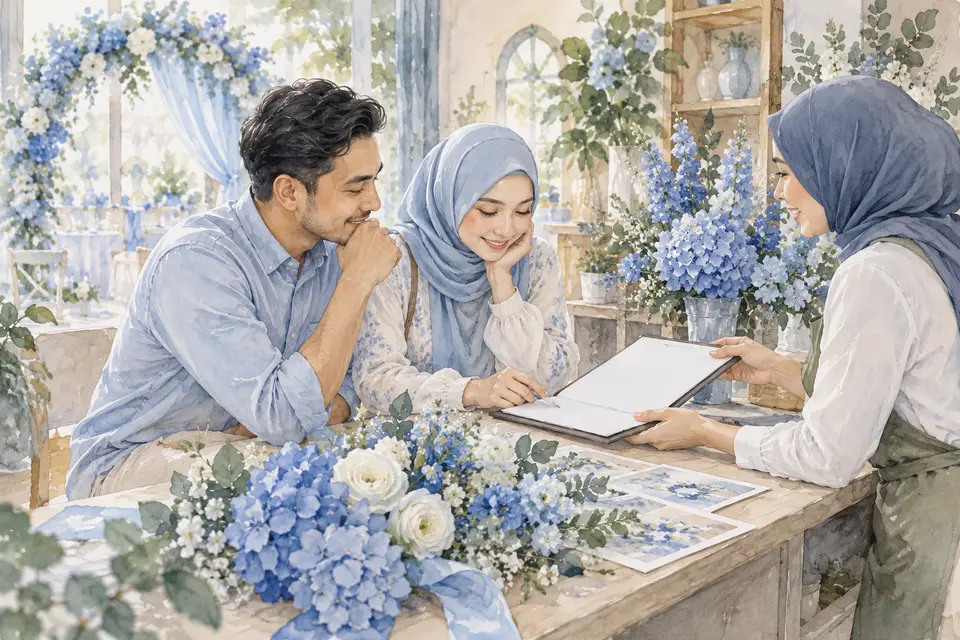 Pasangan meneliti perjanjian bersama vendor bunga.