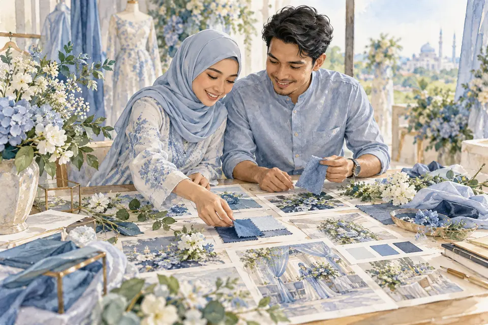 Pasangan memilih gabungan warna dan bunga majlis.