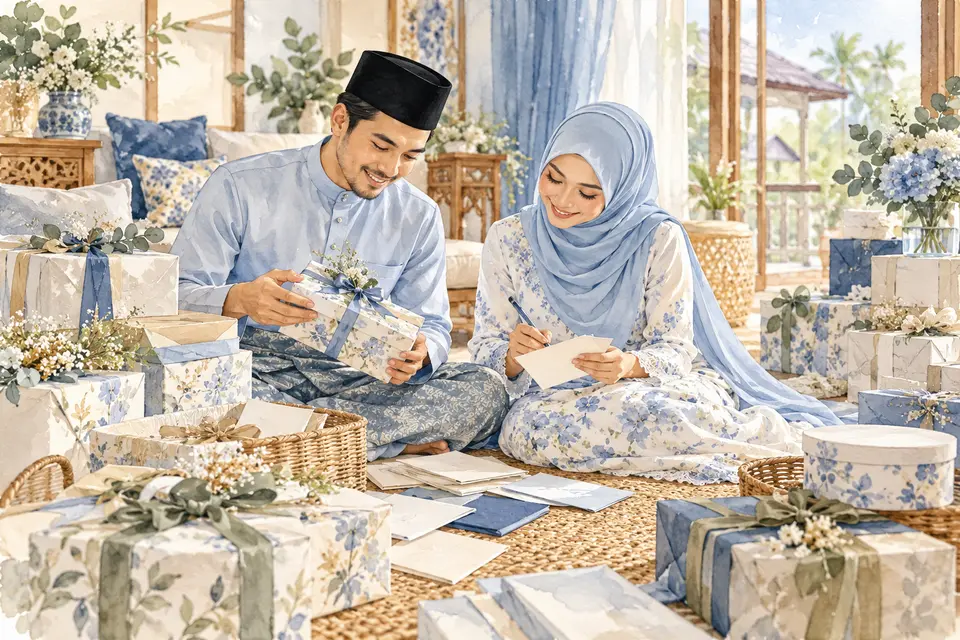 Pengantin baru menyusun hadiah dan kad penghargaan.