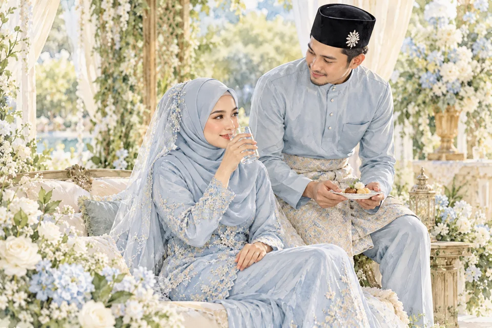Pengantin berehat sambil menikmati air dan makanan di ruang majlis.