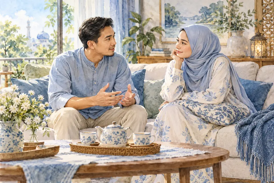 Suami isteri berbual dengan tenang di ruang tamu.