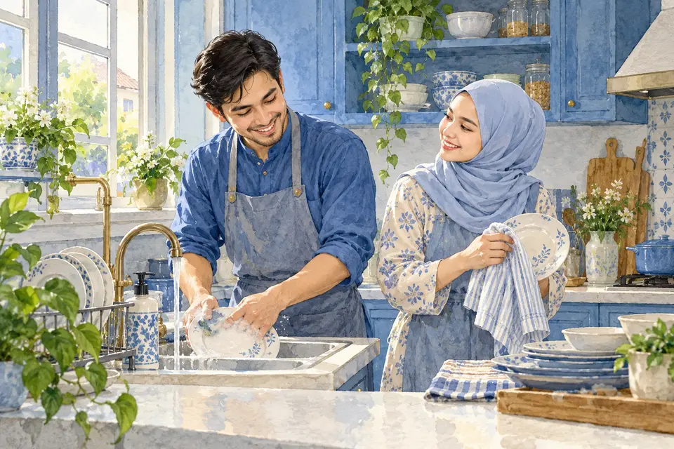 Pasangan berkongsi kerja dapur selepas makan.