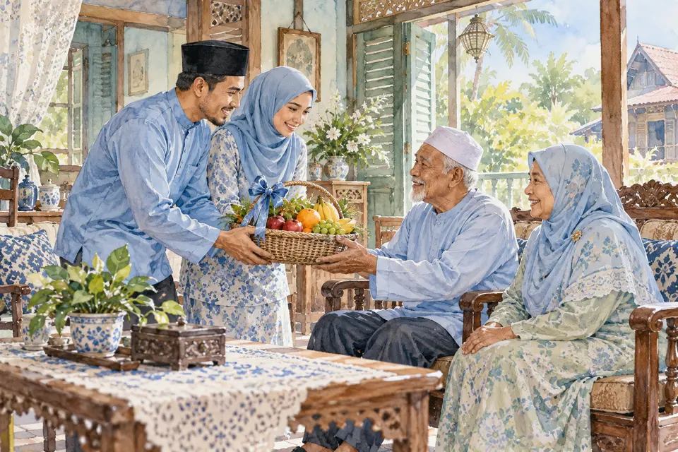 Pasangan melawat ibu bapa dengan buah tangan.