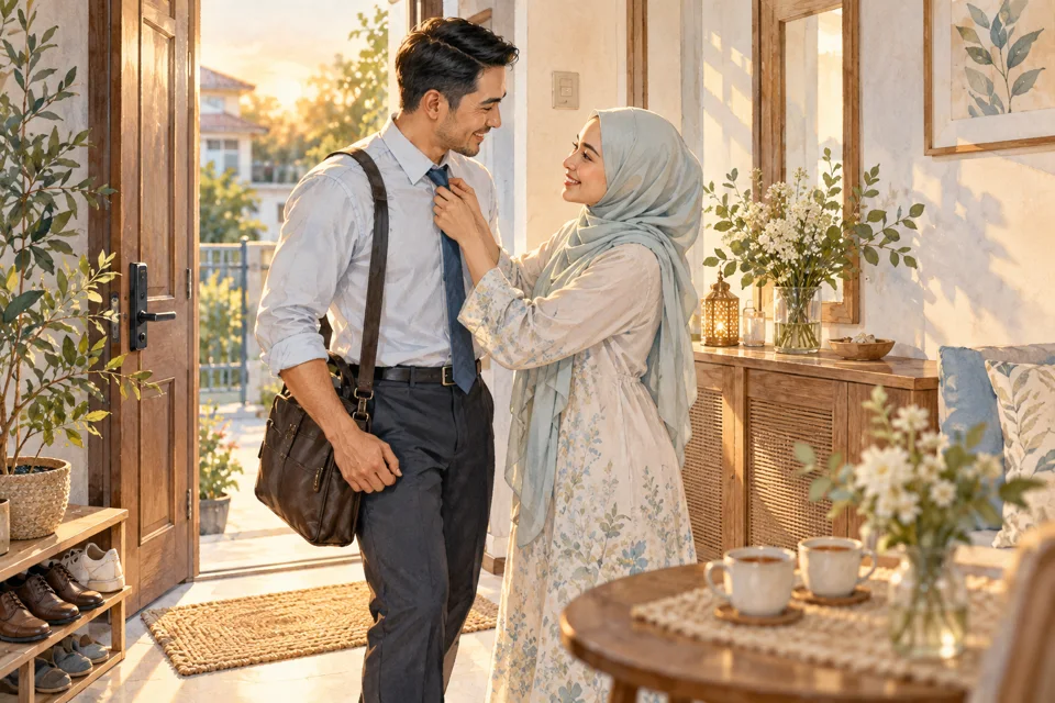 Pasangan menyambut satu sama lain di pintu rumah selepas bekerja.