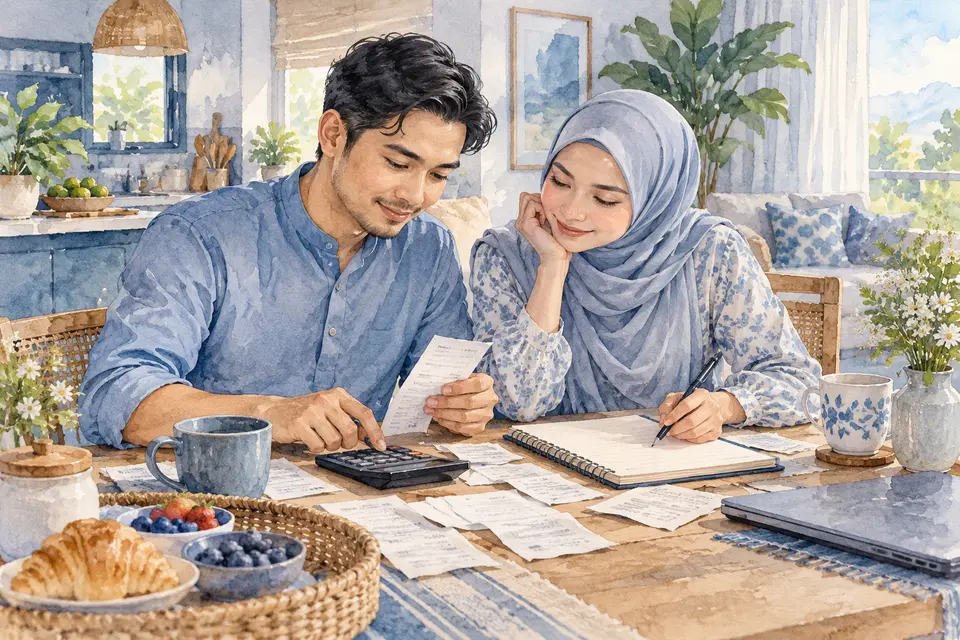 Pasangan menyusun bajet bulanan di meja makan.