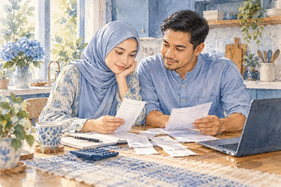 Pasangan berbincang tentang hutang dan rancangan bayaran.