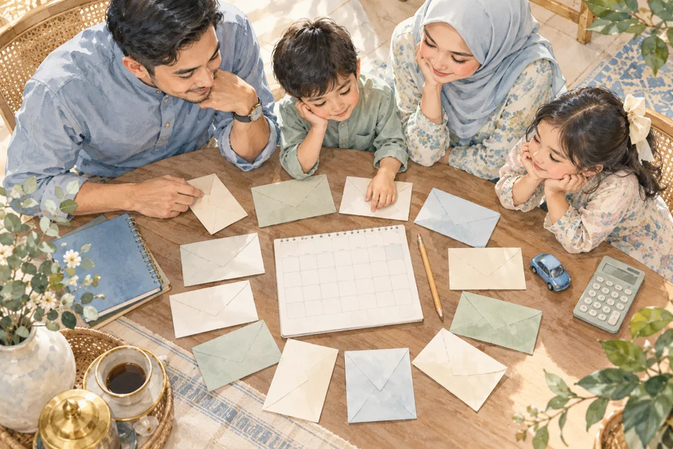 Keluarga menyusun sampul belanja di sekeliling kalendar dan alat tulis.