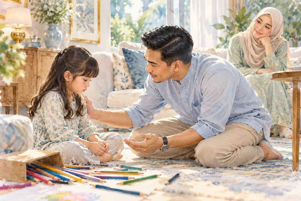 Seorang ayah duduk dekat dengan anak untuk berbual dan meminta maaf.