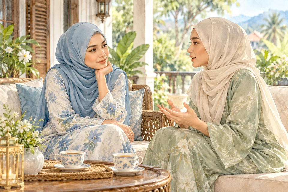 Dua sahabat berbual dengan tenang di beranda yang teduh.
