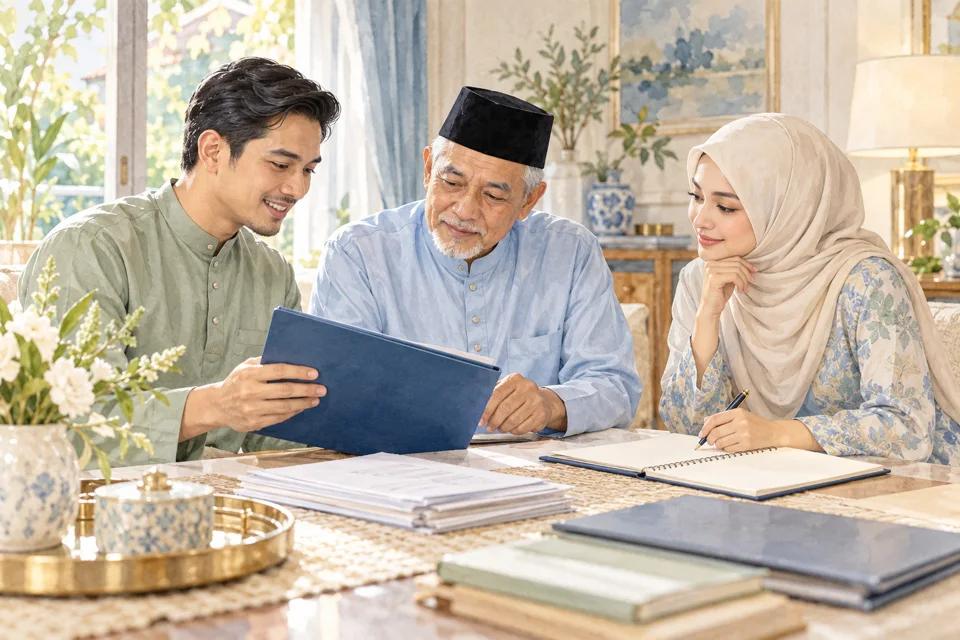Ahli keluarga menyemak folder dokumen bersama bapa mereka.