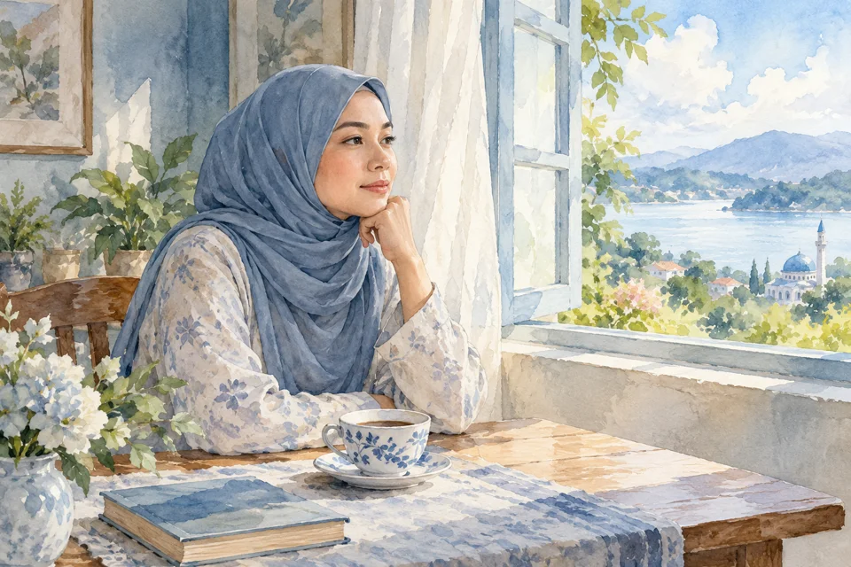 Wanita duduk di sisi tingkap dalam suasana tenang.