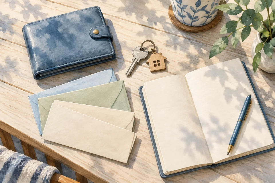 Dompet, sampul belanja dan buku nota untuk memahami urusan kewangan.