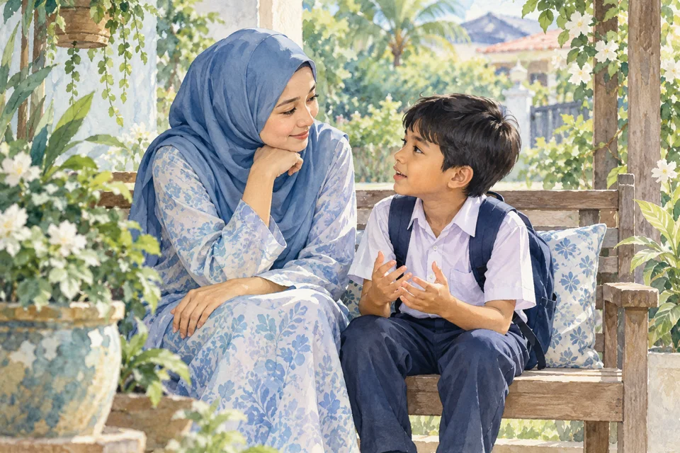 Ibu mendengar anak di bangku taman yang tenang.