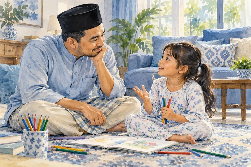 Bapa mendengar anak dengan tenang di ruang keluarga.